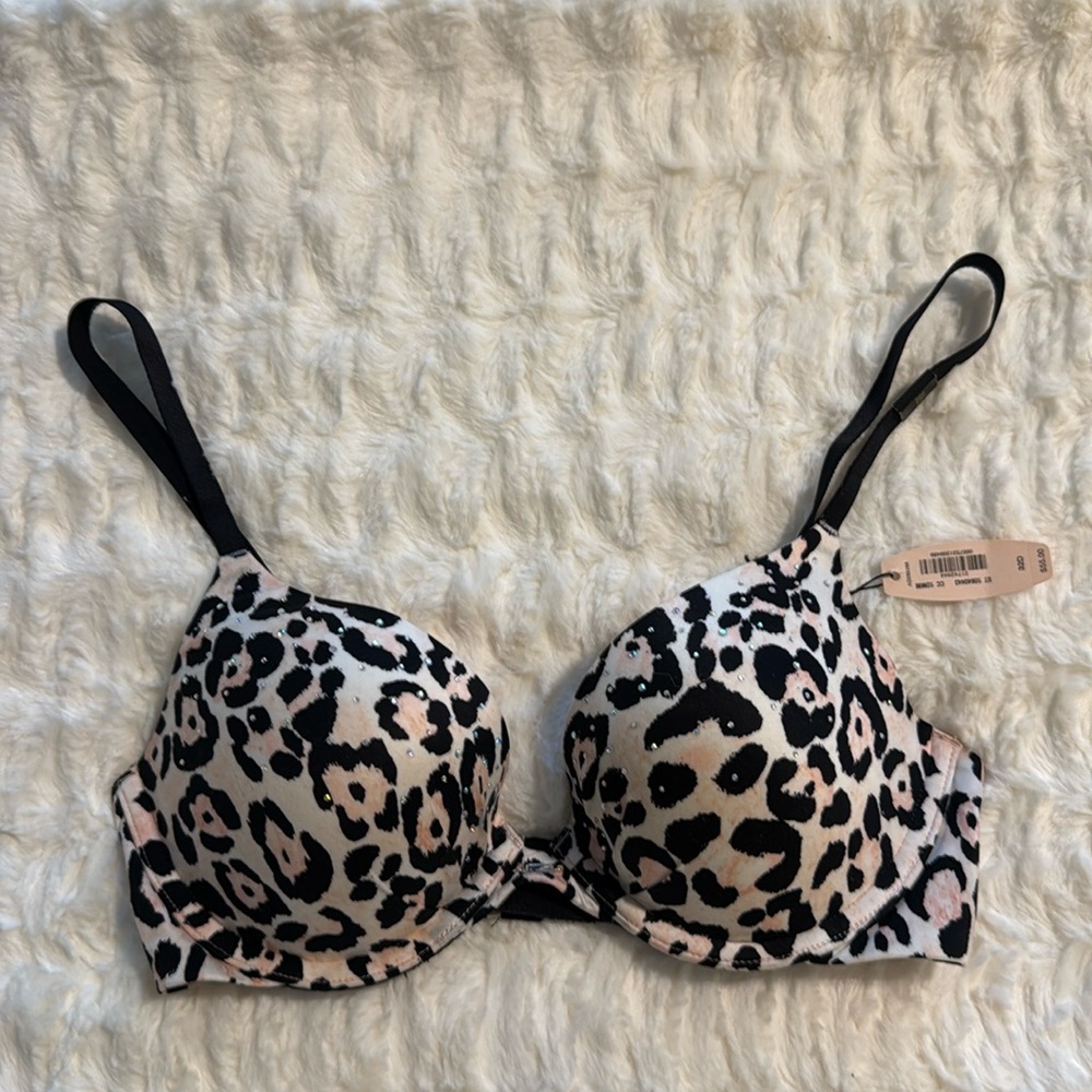 Victoria’s Secret plunge bra, black/pink with clear rhinestones, size 32D